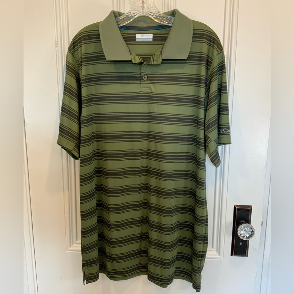 Men’s Columbia Olive Green with Charcoal Stripes Polo Shirt - Size XL